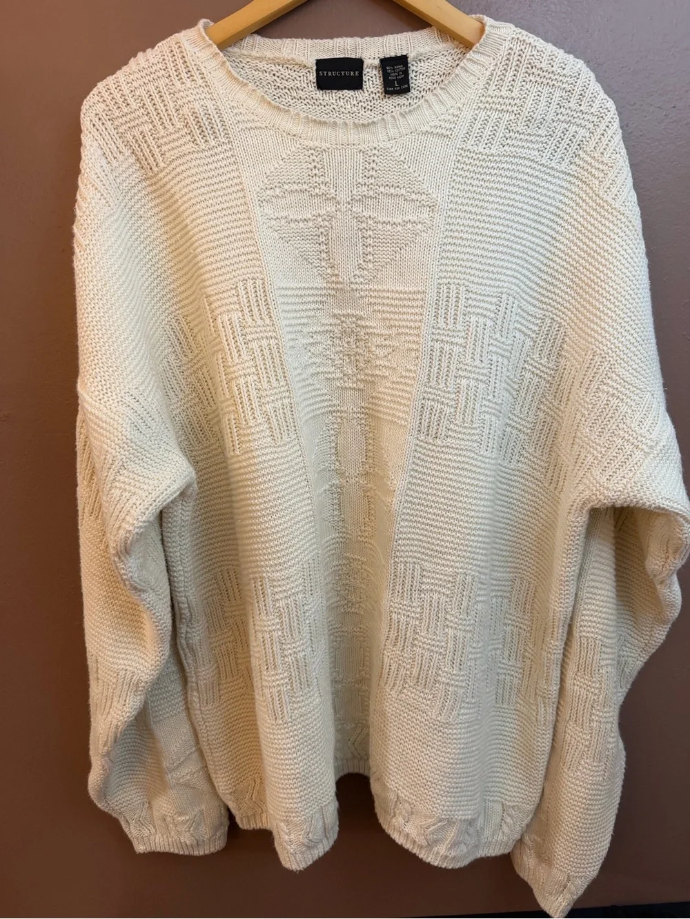VINTAGES 90’s Structure Men’s  Ivory Cotton Knit Textured Crewneck Sweater L